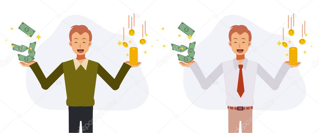 Economy and savings concept.Happy man in casual dress and business uniform holding full of coins and banknotes in both hands. Flat vector cartoon character illustration.