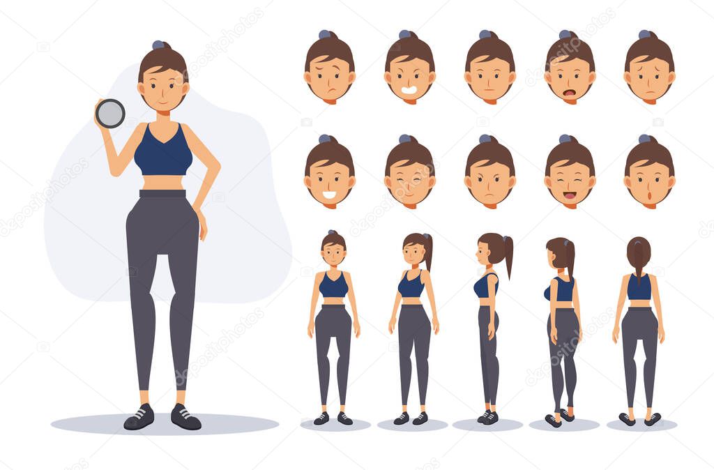 Character of a woman wear exercise cloth in various views,Flat vector 2D Cartoon character illustration.