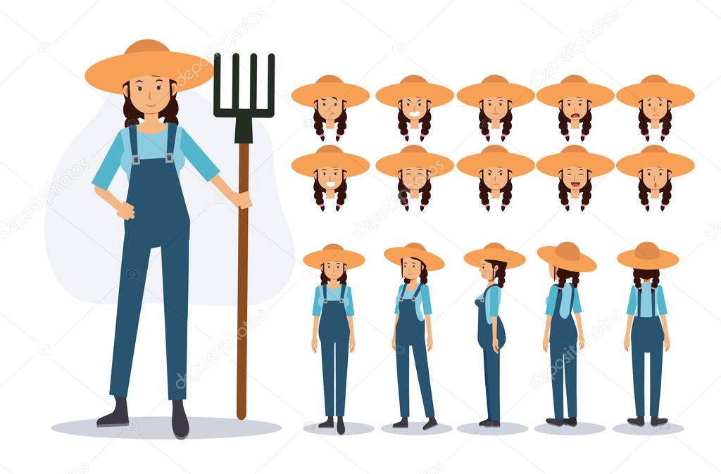 Character of a Female Farmer in various views,Flat vector 2D Cartoon character illustration.