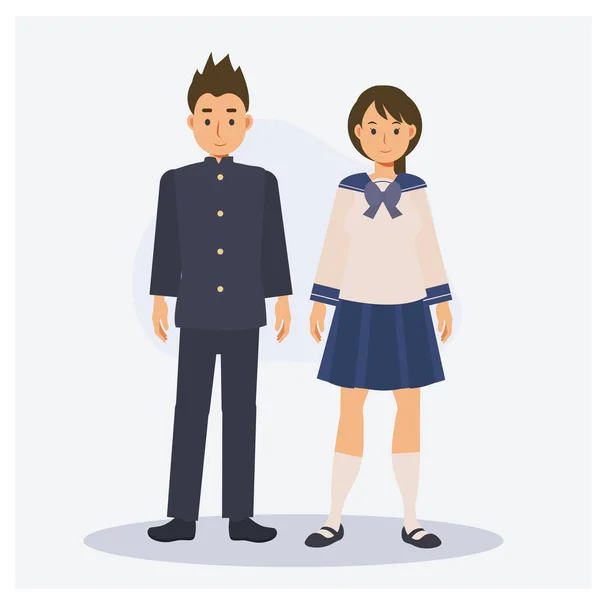 男女10代の日本人学生 平面ベクトル2D漫画のキャラクターイラスト — ストックベクタ