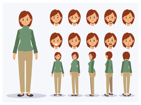 Set Flat Vector Character Woman Wear Casual Clothing Various Views — Stock Vector