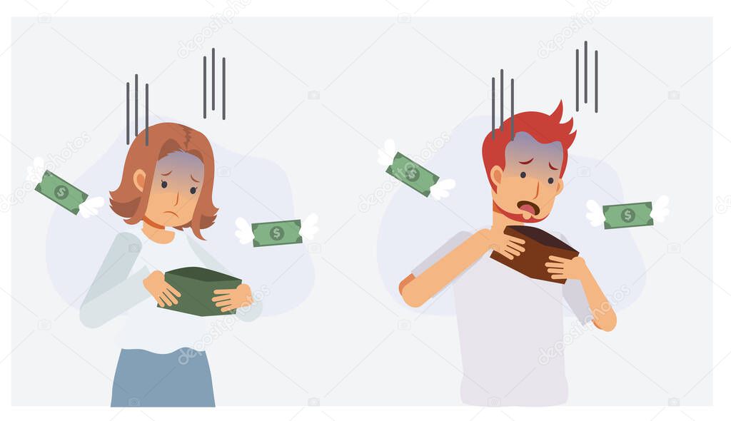 set of man and woman is worried about money in wallet, Don't have any money.Lack of money concept. Flat vector 2d cartoon character illustration.