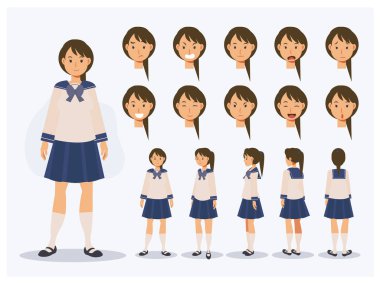 Düz Vektör Karakteri. Japon kız öğrenci üniforması. Farklı görüşleri var, çizgi film tarzı..