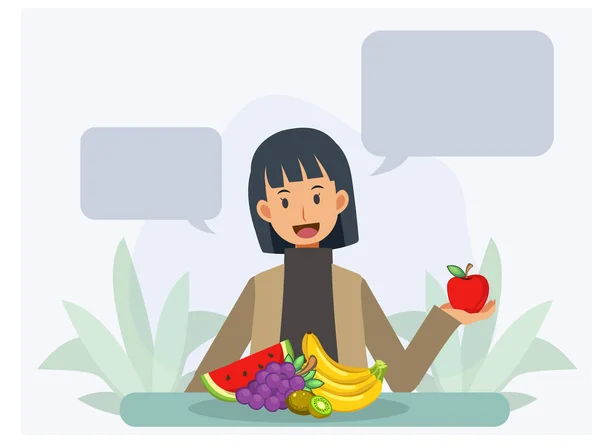 Healthcare Dietary Concept Woman Hält Einen Apfel Der Hand Über — Stockvektor