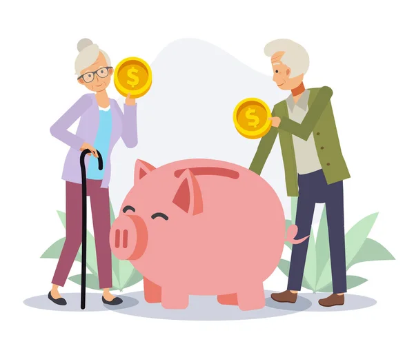 Yaşlı adam ve yaşlı kadın domuz bankasında para biriktiriyorlar. Ekonomi ve finansal bağımsızlık, tasarruf kavramı, emeklilik hayatı. Düz vektör 2D çizgi film karakteri çizimi.