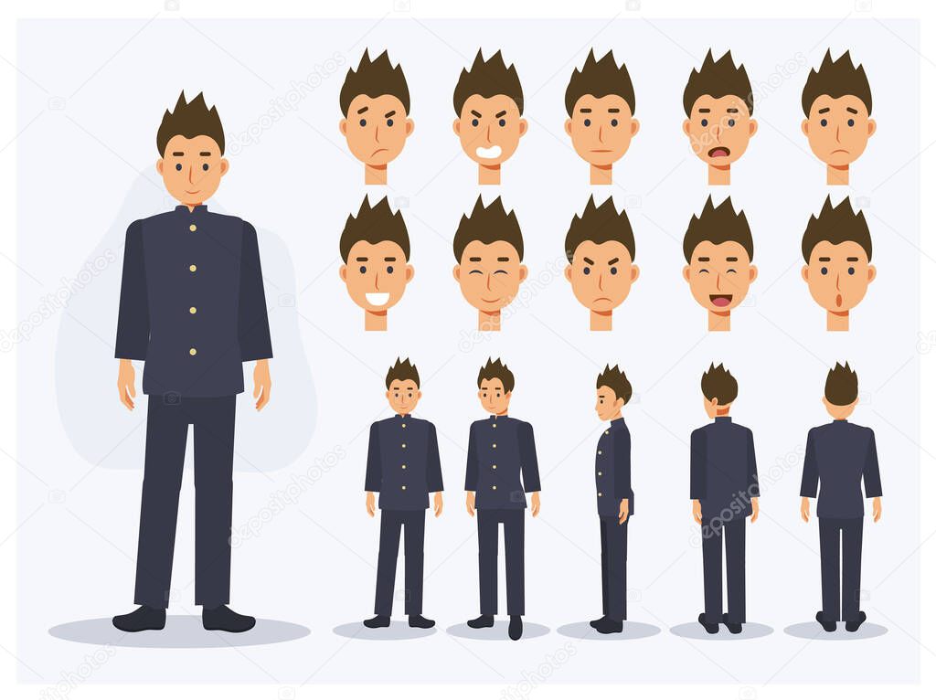 Set of Flat Vector Character Japanese student boy in uniform with various views, Cartoon style.
