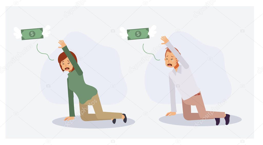 Set of man and woman crying and begging money to not gone.Money fly away.Lack of money concept,financial crisis.Flat vector 2D cartoon character illustration.