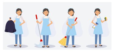 Çeşitli eylemlerde kadın temizleyici seti. Süpürme, paspas, toz alma, çöp torbası. Düz vektör 2D çizgi film karakteri çizimi.