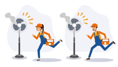 Hızlı Tamir Servisi kavramı. Elektrikli ev aletlerini tamir et. Fan.Flat vektörü 2D çizgi film karakteri çizimi..