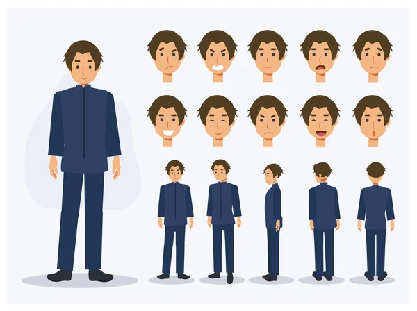 Set Flat Vector Character Japanese Student Boy Uniform Various Views — Stock Vector