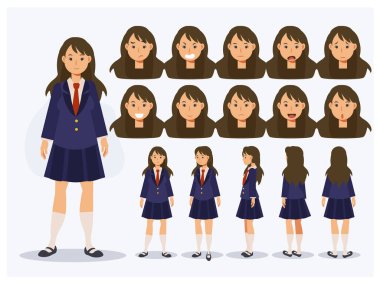 Düz Vektör Karakteri. Japon kız öğrenci üniforması. Farklı görüşleri var, çizgi film tarzı..