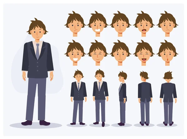 Set Flat Vector Character Japanese Student Boy Uniform Various Views — Stock Vector