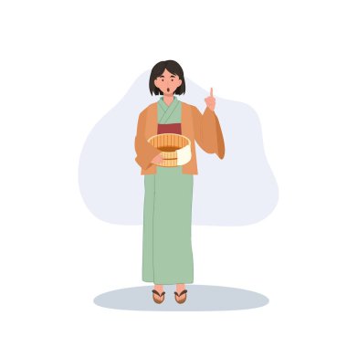 Yukata 'da elinde sepet tutan bir Japon kadın kültürel giysiler ve Asya yaşam tarzı gelenekleri gösteriyor. .