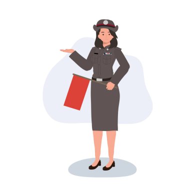 Taylandlı kadın polis memuru trafik kontrolü için kırmızı bayrak tutuyor.