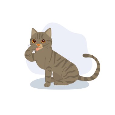 cute tabby cat licking paw, brown striped cat grooming itself, adorable domestic pet cartoon artwork for animal lovers and cat themed