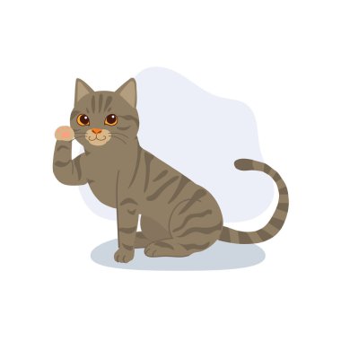 adorable brown tabby cat cartoon sitting and raising its paw drawn in kawaii style perfect for pet themed designs 