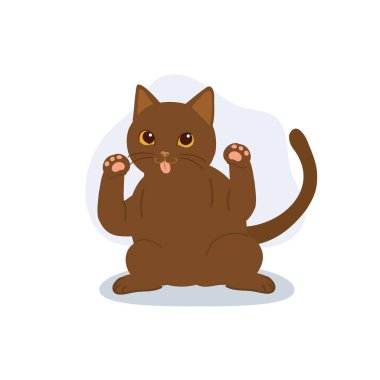 a cute brown cartoon cat sitting with paws up and tongue out. for posters greeting cards or online sticker collections