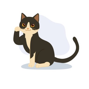 cute black and beige cat cartoon sitting and waving paw. for japanese lucky cat themes mascot design or adorable pet illustration concepts
