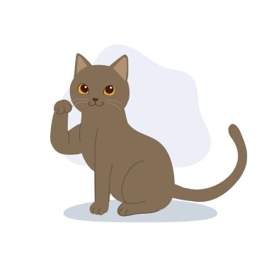 sevimli çizgi film şirin gri kedi pençesini kaldırıyor. Şirin kedi. Gri kedi karakteri oturuyor ve el sallıyor.