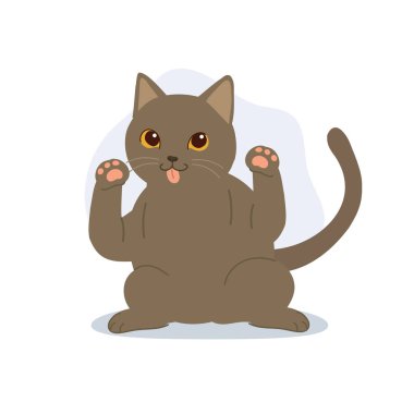 Sevimli gri kedi. Yuvarlak vücutlu ve çıkartma için ideal pembe pençeli sevimli hayvan karakteri. .