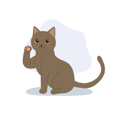 Sevimli gri kedi çizgi filminde el sallayan patiler. Şirin gri bir kedi oturuyor ve patisiyle selamlıyor. Dost canlısı kedi yavrusu