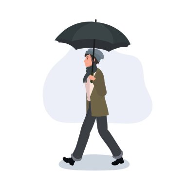 Yağmurlu bir günde şemsiyeyle yürüyen bir adam soğuk havada günlük hayatı gösterir.