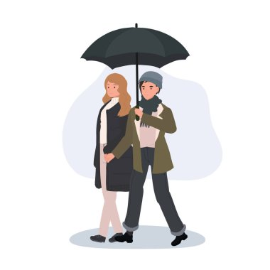 Yağmurlu bir kış gününde bir kadın ve erkek şemsiye altında birlikte yürürler, sessiz bir anın tadını çıkarırlarken el ele tutuşurlar.