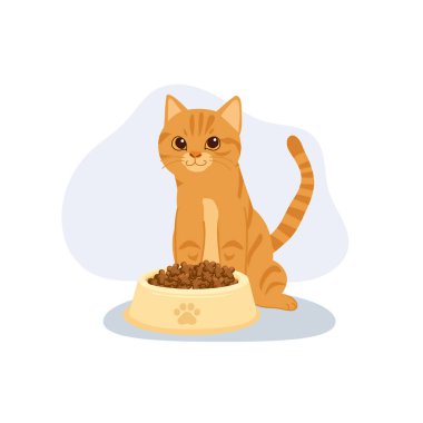 Kedi besleme zamanı. Portakallı kedi yavrusu. Yemek kasesi, hayvan ve yaşam tarzı içeriği için sevimli bir illüstrasyon.