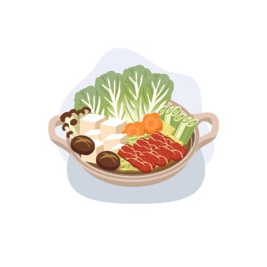 Biftek ve sebzeli kil çömlekte servis edilen Japon yahnisi.