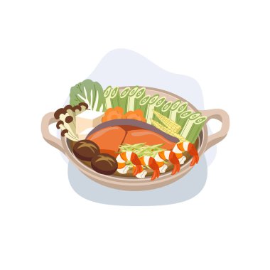 Donabe 'de karides sebzeli ve soya peynirli Japon yemeği.