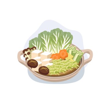 Japon tenceresi sebzeli ve tofulu, killi bir tencerede servis edilmiş, ev usulü kış yemeği.