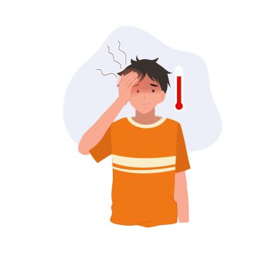 Yüksek ateş ve baş ağrısı olan bir adam termometre sembolüyle görülüyor. sağlık hizmeti tıbbi konsepti