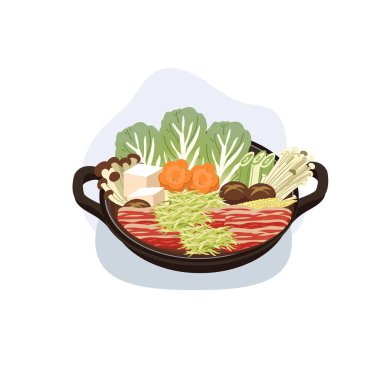 Biftek sebzeli Japon yahnisi tofu ve mantarı kilden bir tencerede servis edilir.