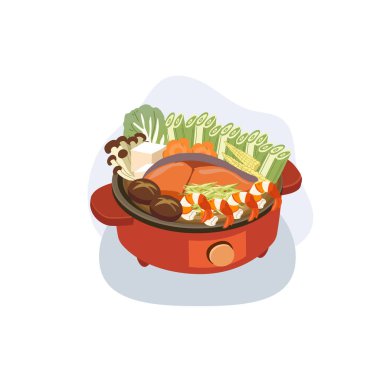 Taze sebzeli, soya peynirli ve mantarlı deniz ürünleri, mevsimsel pişirme için Japon ve Asya konforlu gıdaları temsil ediyor.