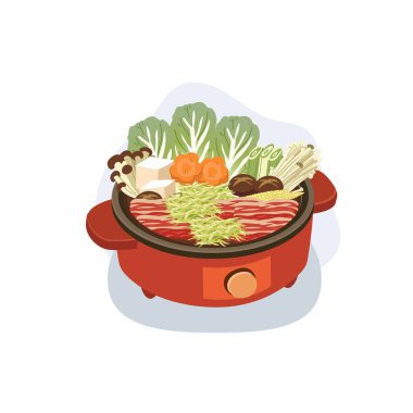 Japon sıcak yemek çizimi dilimlenmiş et tofu mantarları ve sebzelerin pişirme kabında kaynadığını gösteriyor.