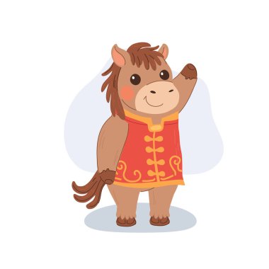 Çin Zodyak tarzı kıyafetiyle gülen at karakteri, Ay Yeni Yıl festivallerini temsil ediyor..