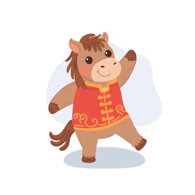 Geleneksel kıyafet giyen Çin Yeni Yıl Çizgi Filmi Atı Sevimli Ay Zodyak Çizimleri