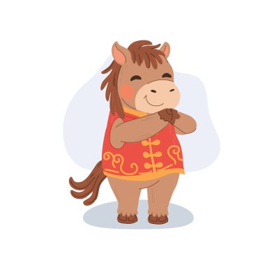 Sevimli at burcu karakteri geleneksel Çin kıyafetleri giyiyor, gülümsüyor ve Çin Yeni Yılı kutlamaları için selamlıyor.