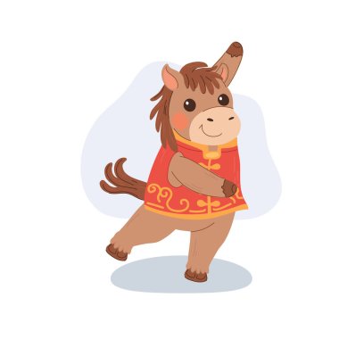 Geleneksel Çin kıyafetleri giyen sevimli at çizgi film karakteri, ay yeni yıl festivalini kutluyor.,