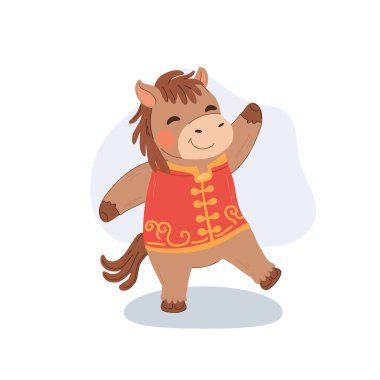 Kırmızı geleneksel kostüm giyen gülümseyen at burcu karakter Asya kültüründe Ay 'ın yeni yılını kutluyor.