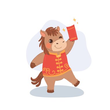 Ay 'ın yeni yılını kırmızı zarf ve şenlikli kostümle kutlayan oyuncu at çizgi filmi karakteri..