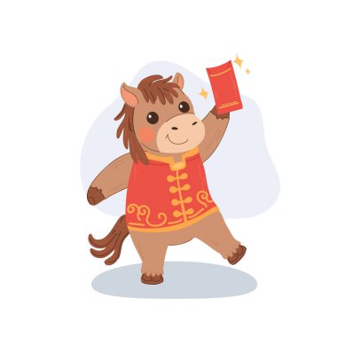 Geleneksel Çin kostümü giyen ve elinde kırmızı bir zarf tutan sevimli çizgi film atı, Çin Yeni Yılı 'nı kutluyor.