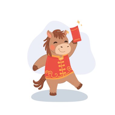 Atların yılını temsil eden neşeli çizgi film karakteri, Çin festivali kıyafetleri giymiş ve ang pao tutuyor..