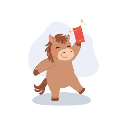 Gülümseyen at burcu karakteri ayın yeni yılını kırmızı zarfla kutluyor. Bu, refah ve neşeyi simgeliyor.