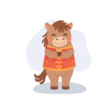 Geleneksel Çin giysileri giyen sevimli çizgi film karakteri Zodiac. Ay 'ın yeni yıl kutlamaları sırasında gülümsüyor..