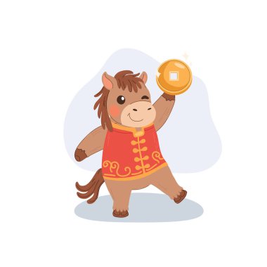 Güzel bir çizgi film atı, kırmızı giysiler içinde ve Çin 'in yeni yılını kutlayan altın bir sikke taşıyor.