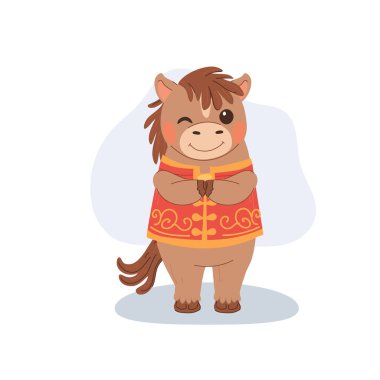 Yeni yıl Zodyak kutlamaları için geleneksel Çin kıyafetleriyle Çin Yeni Yıl çizgi filmi atı