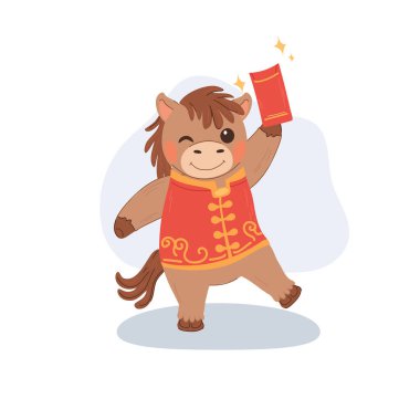 Kırmızı bir zarf tutan sevimli bir at burcu karakteri.