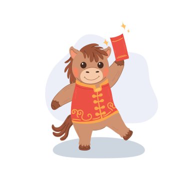 Gülümseyen Zodyak atı karakteri ay 'ın yeni yılını kırmızı zarfla kutluyor..