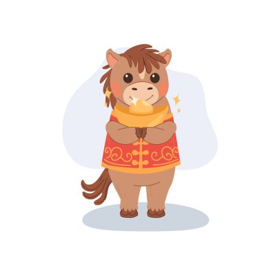 Çin Yeni Yılı 'nı temsil eden sevimli zodyak at çizimi. Altın külçeli gülümseyen bir hayvan maskotu.